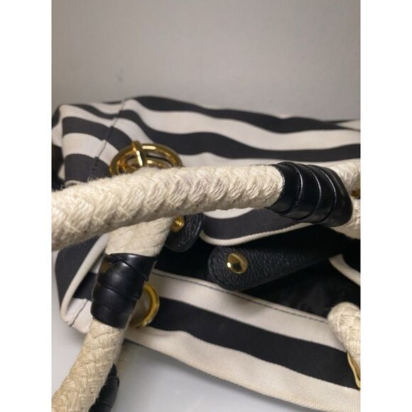 Michael Kors Marina Black White Striped Canvas Anchor Tote Shoulder Bag - Picture 15 of 16